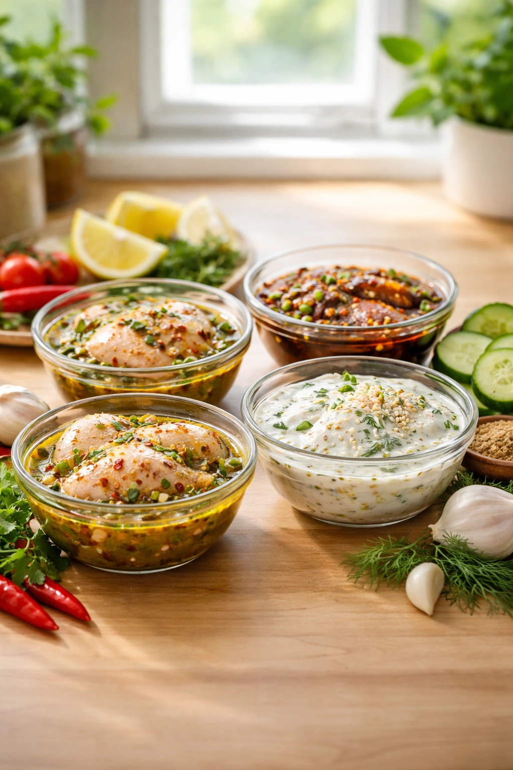 Four vibrant marinades in glass bowls on a wooden counter, showcasing diverse flavors for freezing