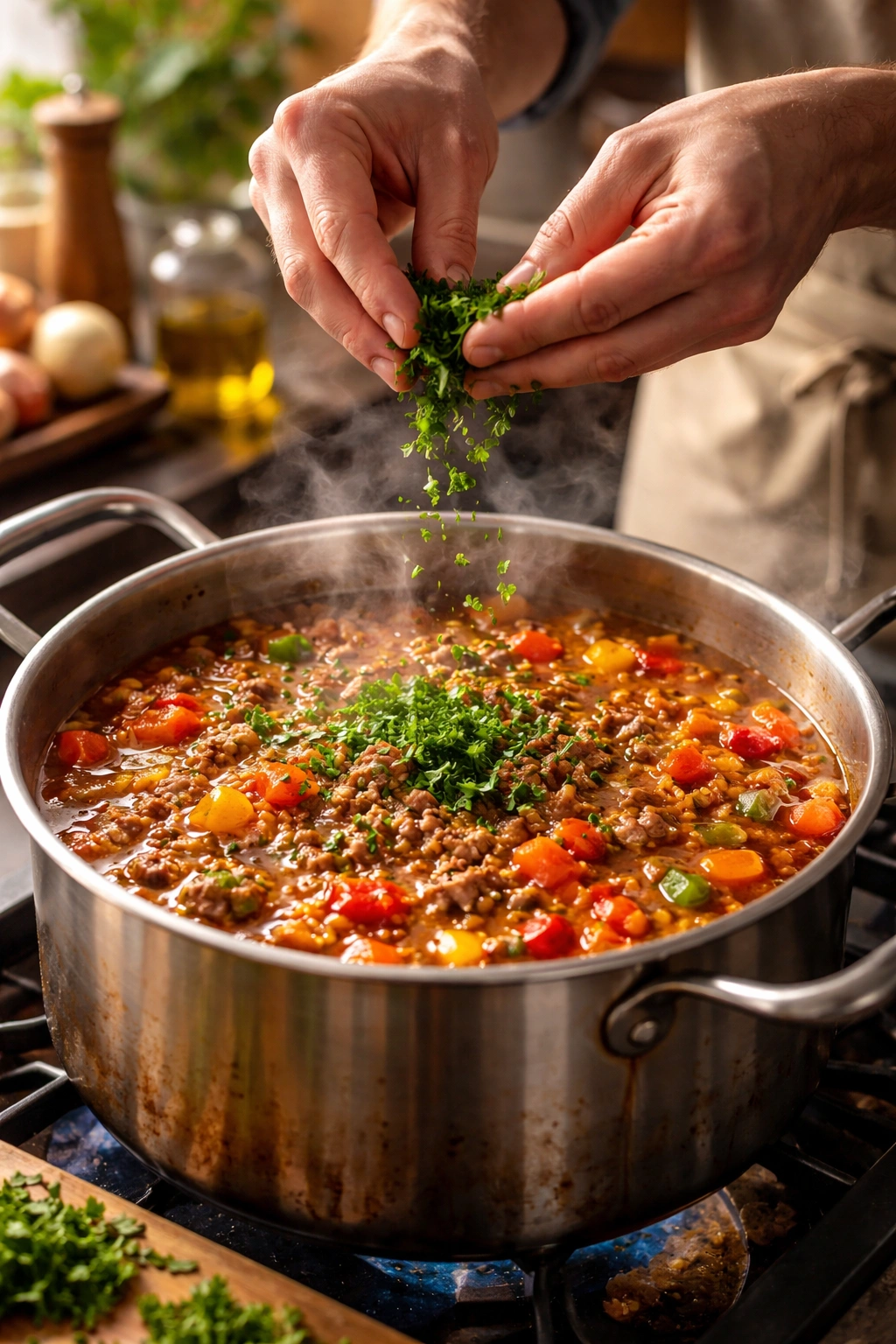 Chef adding fresh herbs to a simmering pot