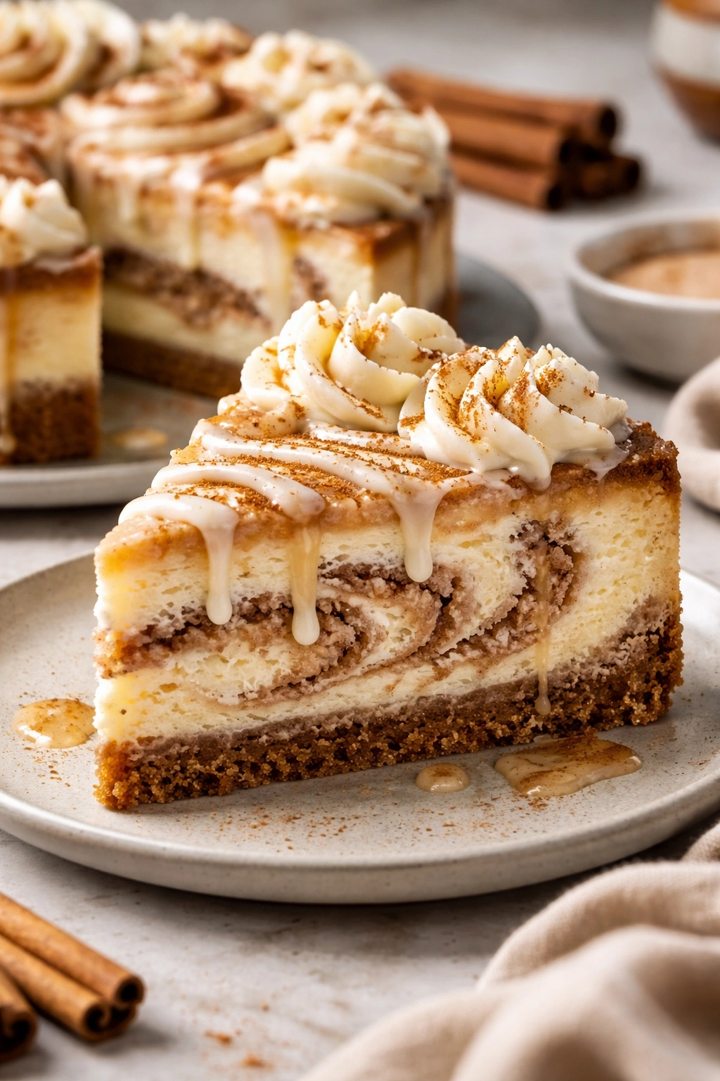 Cheesecake with frosting swirl visible in cross-section.
