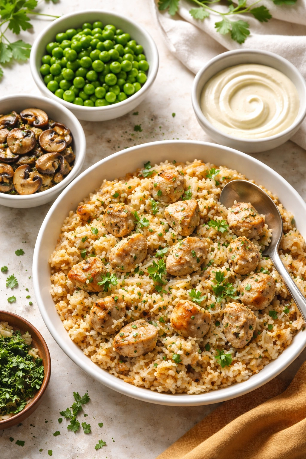 Plated chicken and rice with peas, mushrooms, and cream for variations