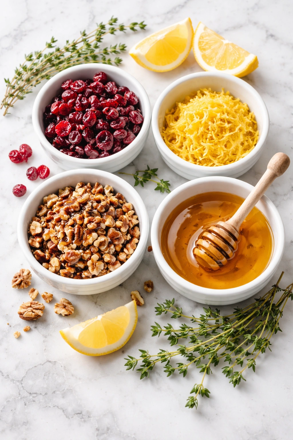 Bowl lineup of toppings for flavor variations including cranberries and pecans
