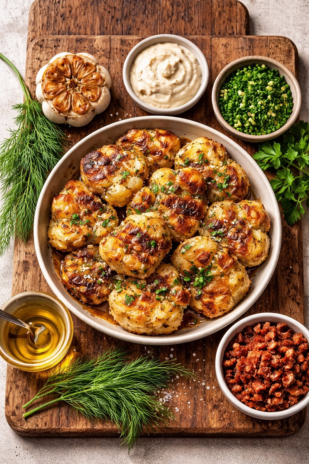 Mashed potatoes with garlic, horseradish, herbs, truffle oil and bacon as flavor add-ins