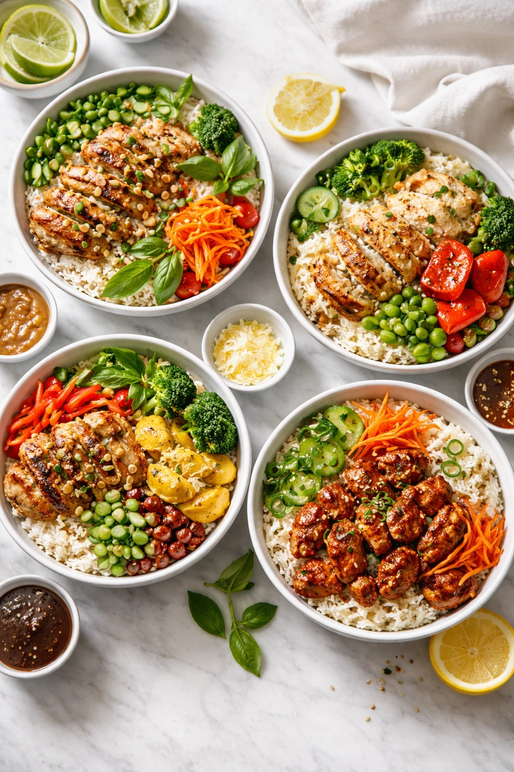 Four bowls showing different flavor variations of chicken rice bowls.