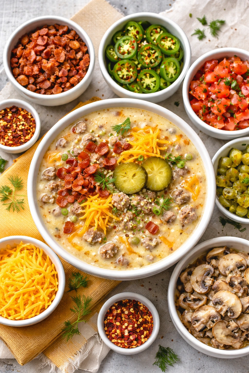 Bowl of cheeseburger soup with varied toppings: bacon, jalapeños, tomatoes, pickles, and mushrooms.