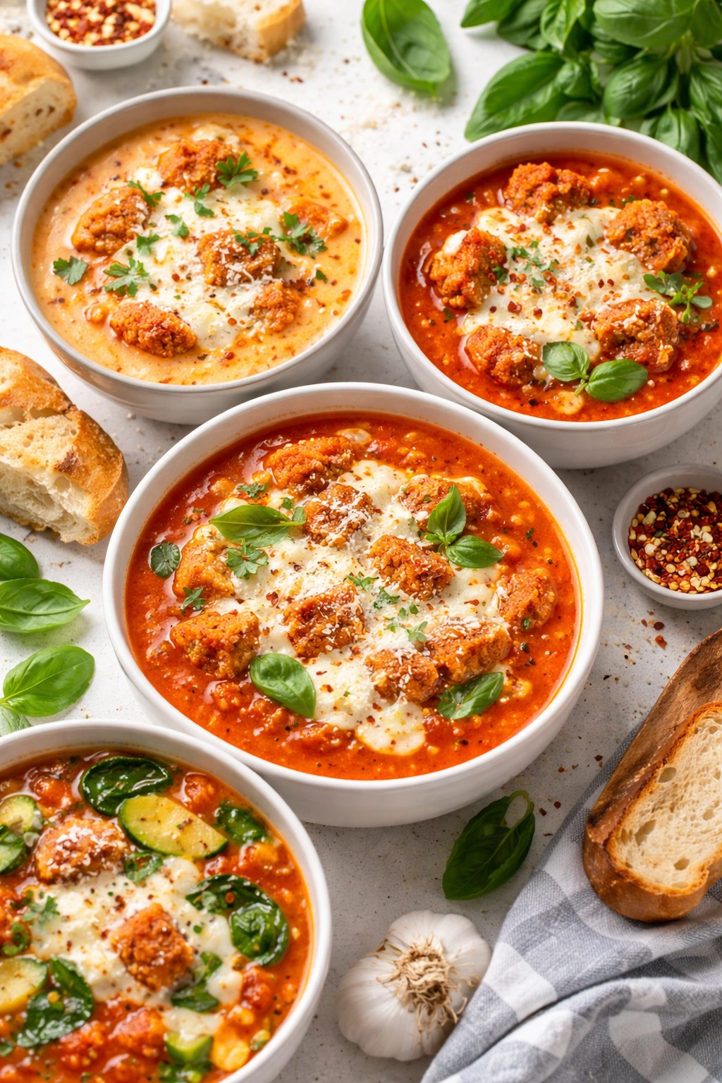 Three bowls showing creamy, spicy, and vegetable-forward variations of chicken parm soup