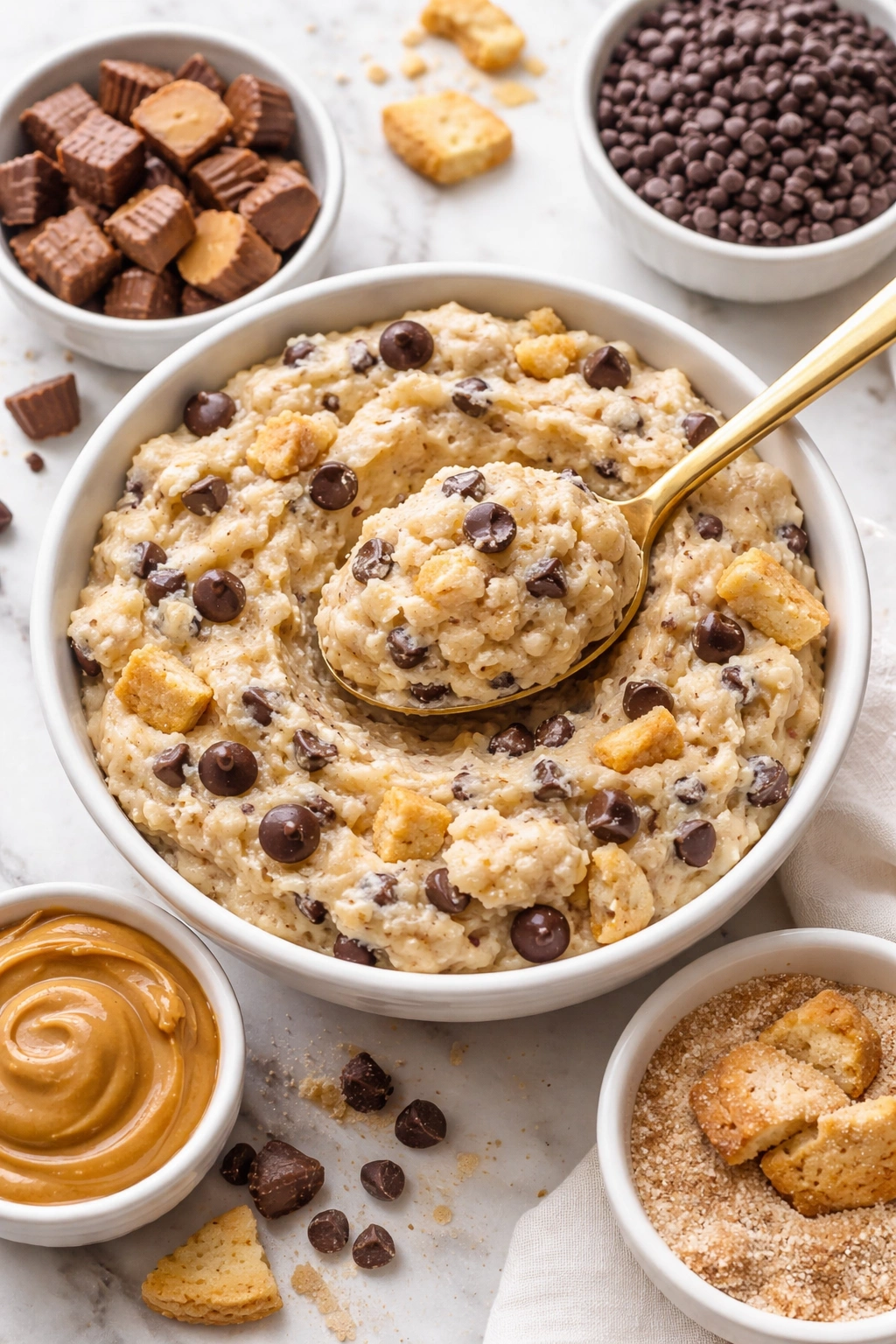 Close-up of cookie dough with chocolate chips and cookie pieces