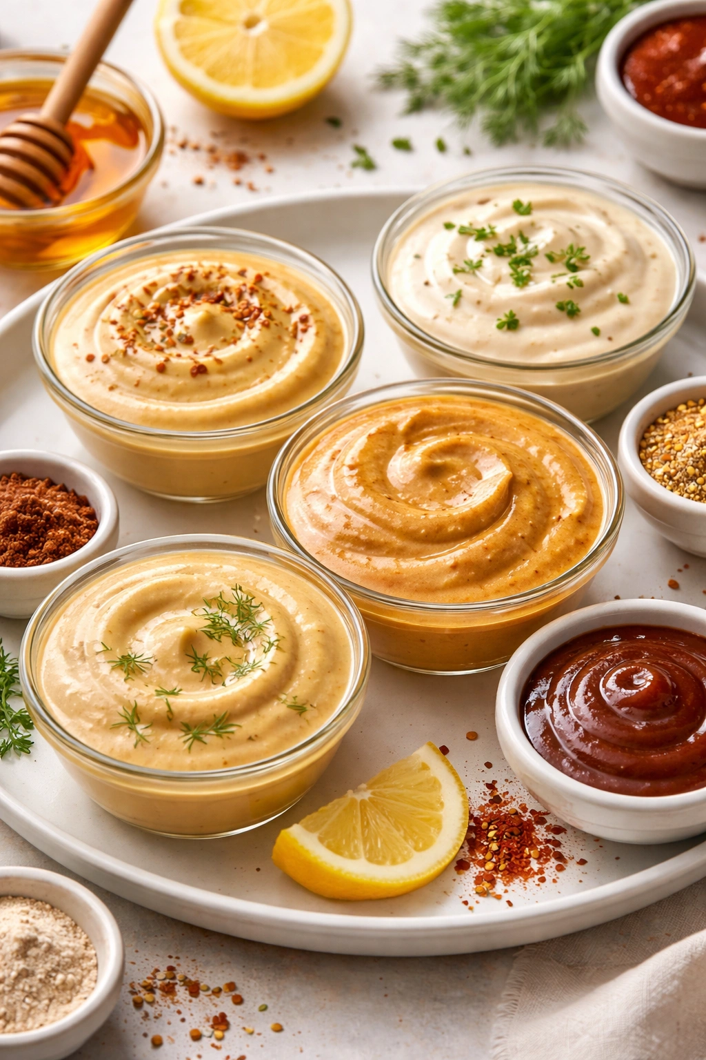 Creamy sauce with color variations on a plain plate under soft lighting