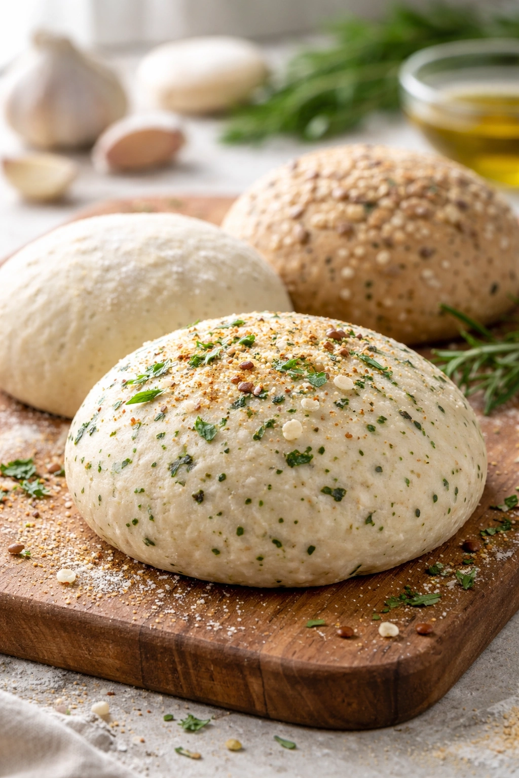 Dough ball with herb flecks and seeds for flavor variations