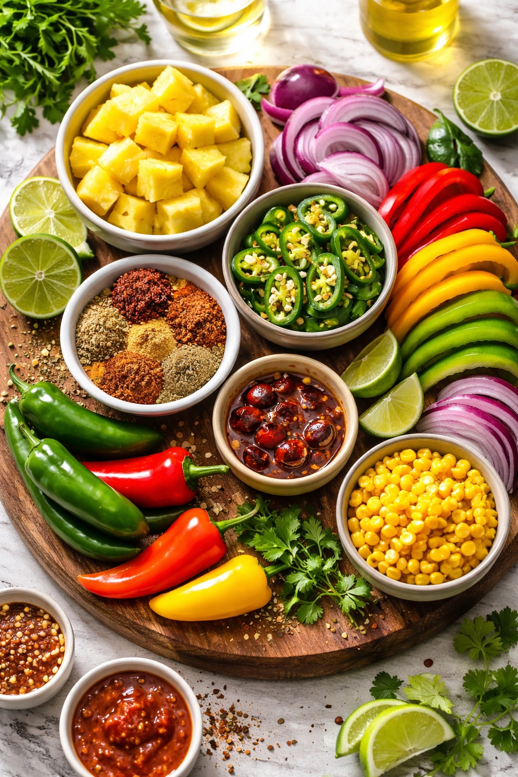 Colorful ingredients for fajita variations on wooden board