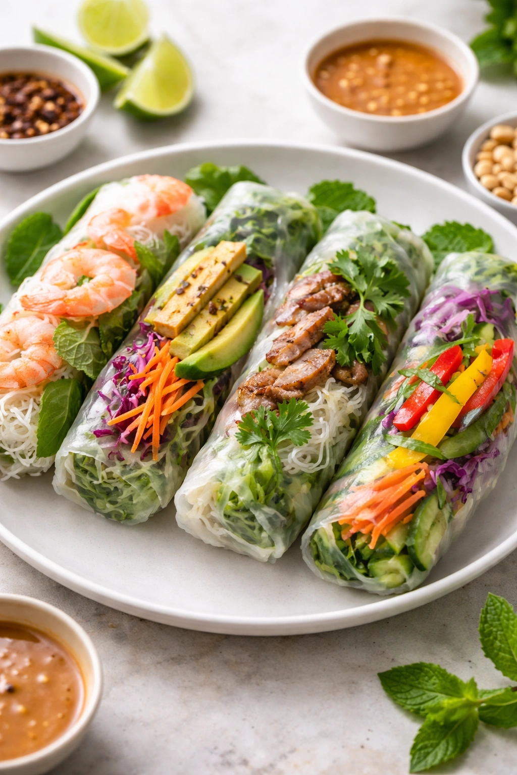 Row of spring rolls with different fillings