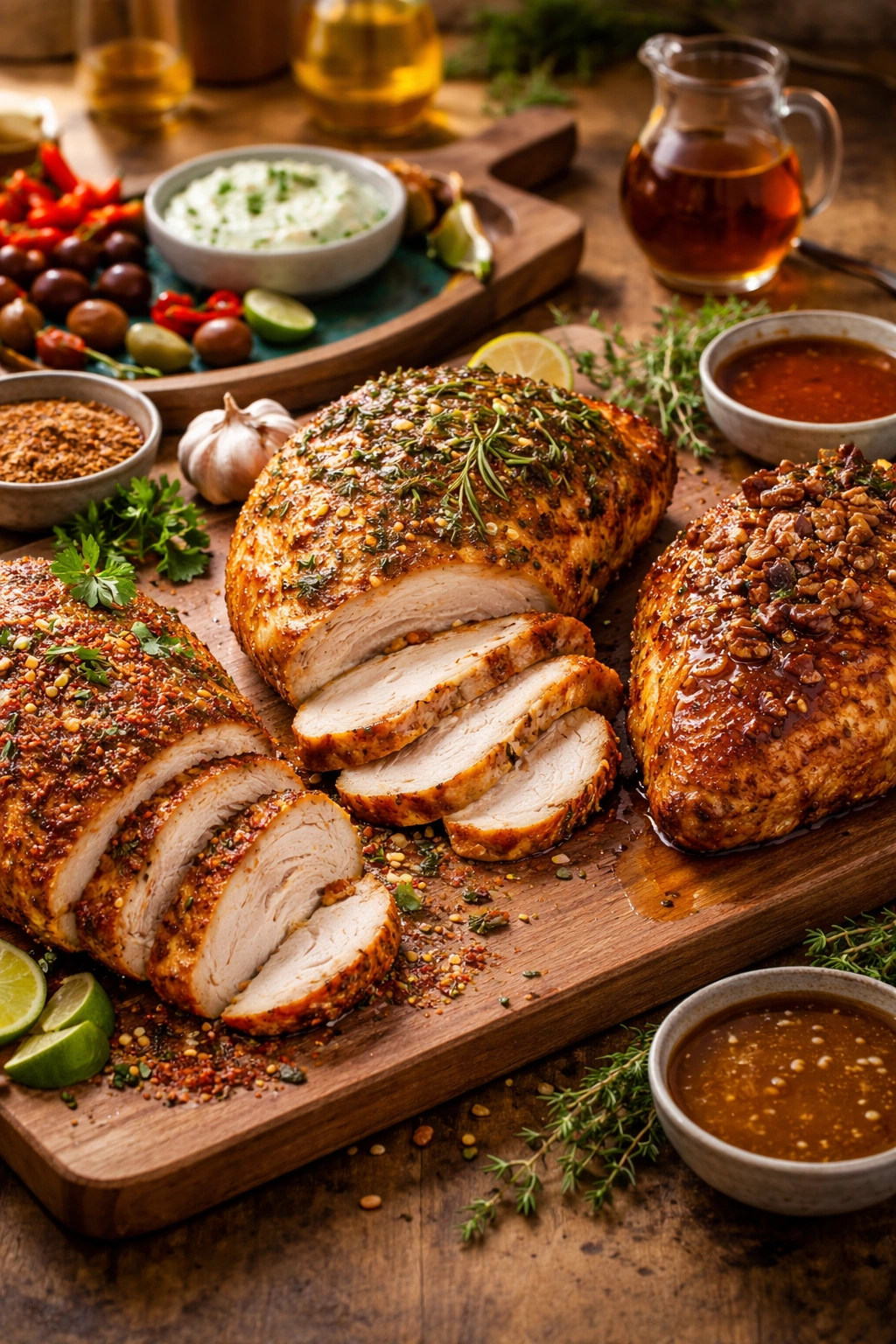 Turkey breast with three glaze variations displayed nearby