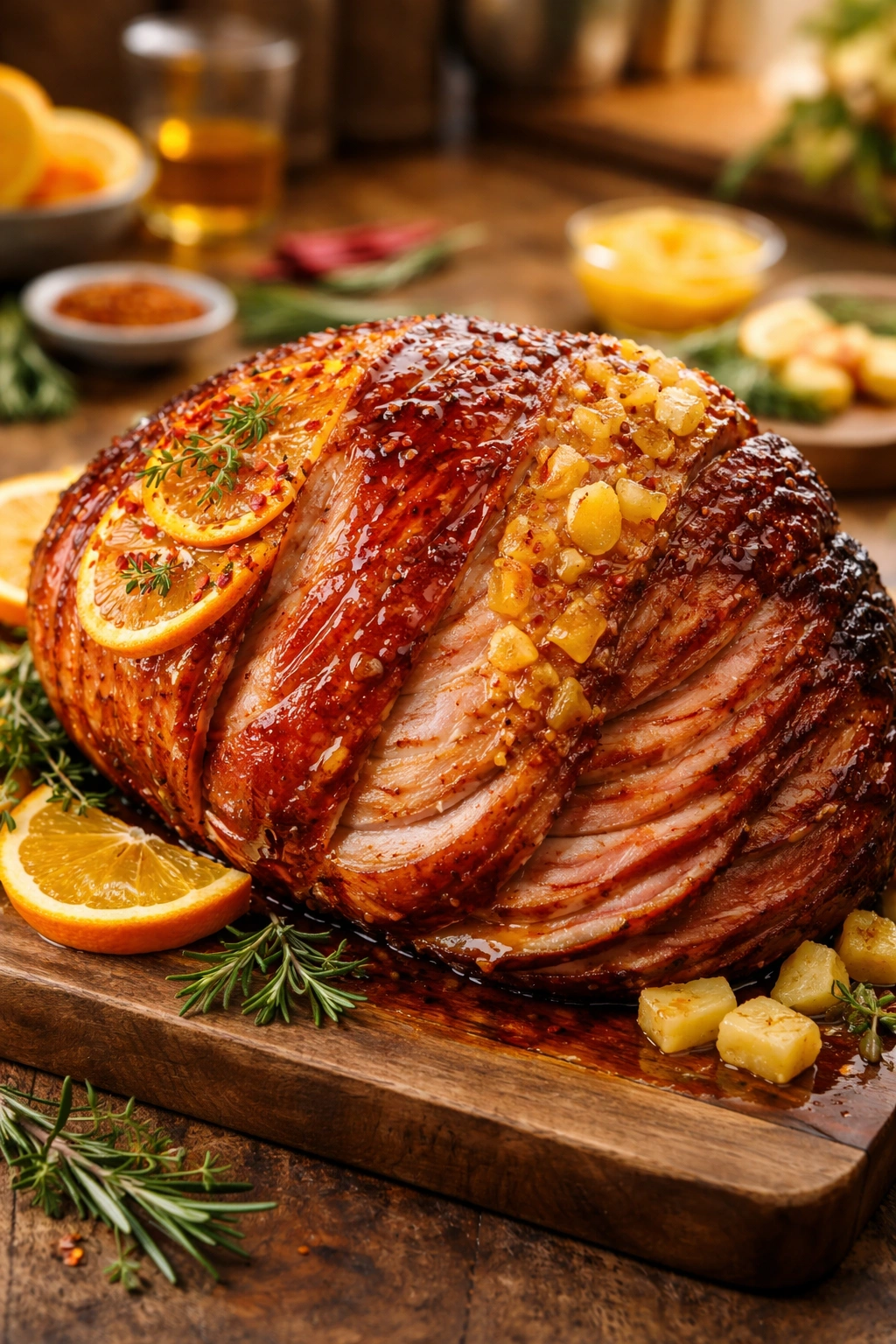 Roasted ham showing three glaze sections to indicate variations