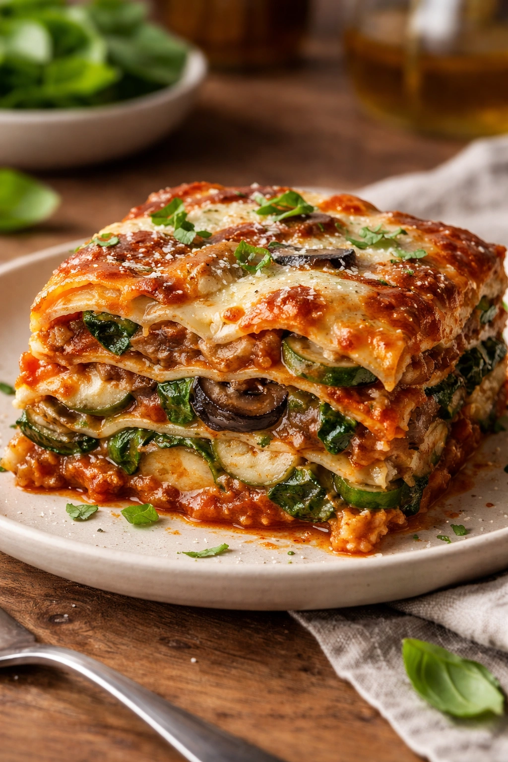 Veggie-loaded lasagna slice showing mushrooms spinach and zucchini layers