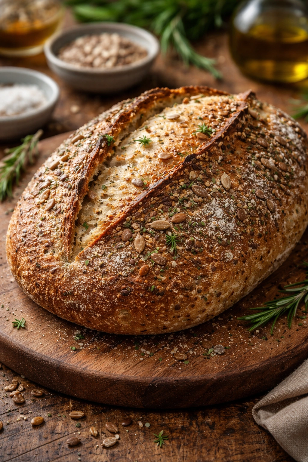 Rustic loaf with seeds and herbs on crust for variation