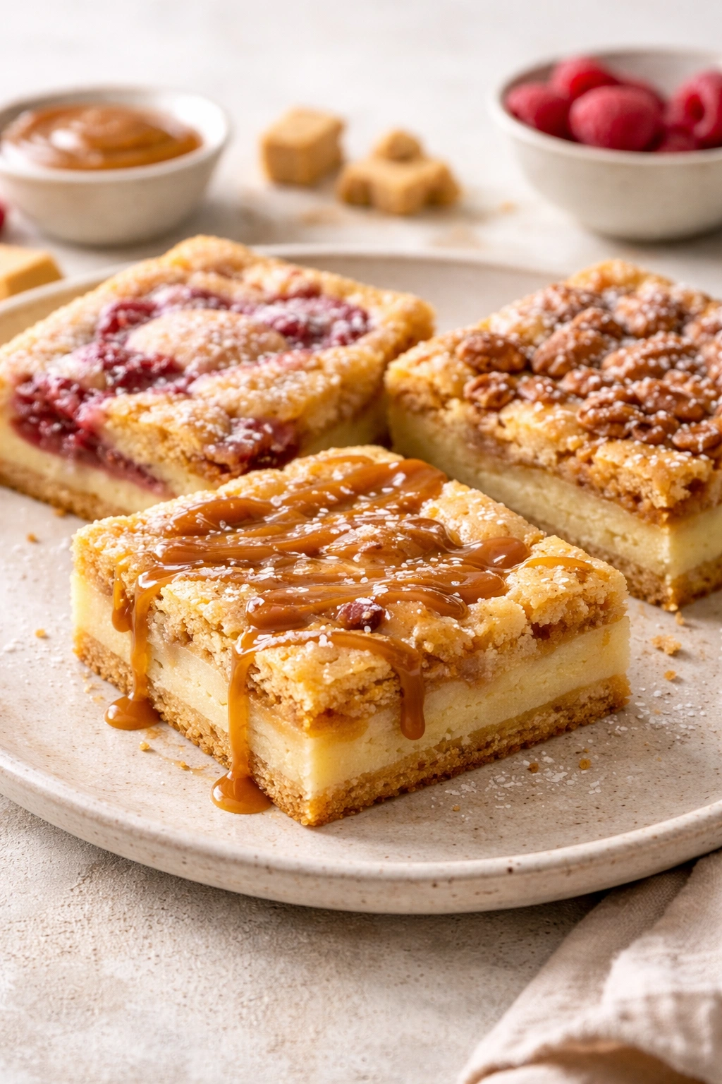 Gooey butter cake with subtle marbling on top suggesting flavor variations
