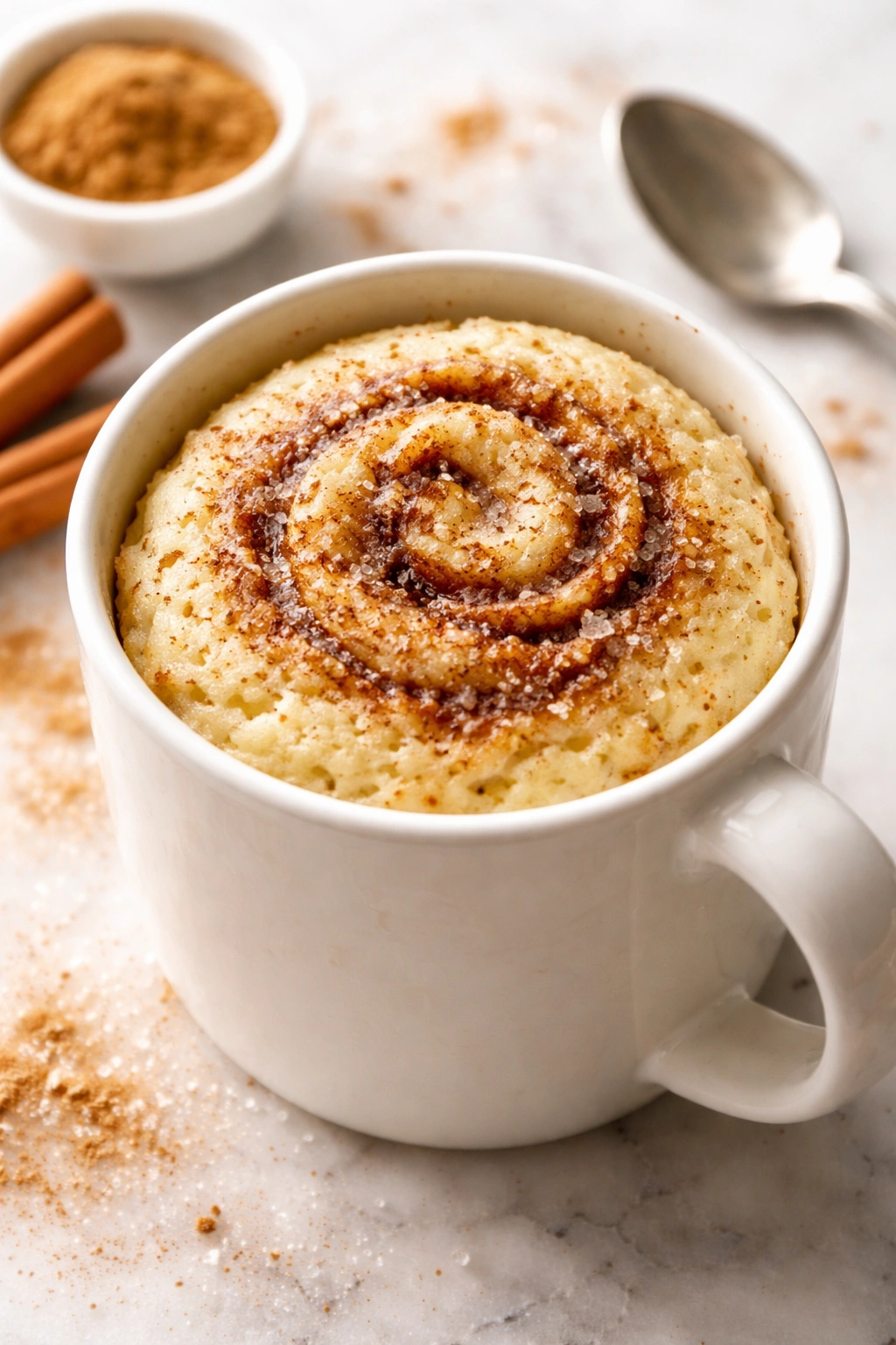 Vanilla mug cake with cinnamon swirl on top on a clean surface
