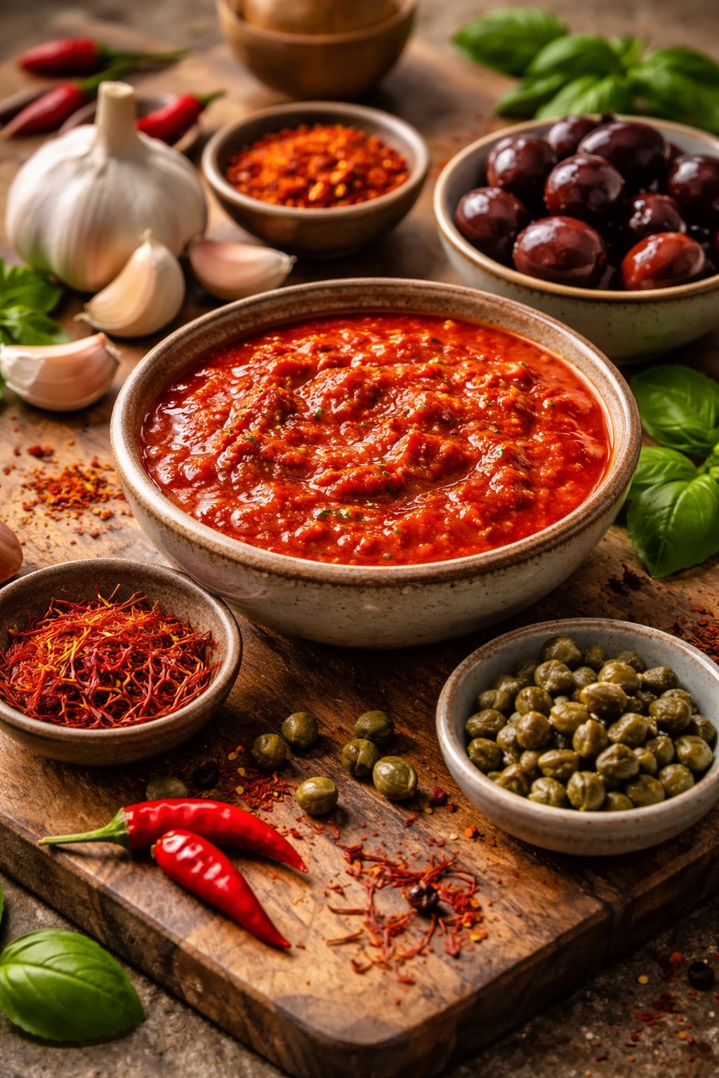Sauce with garlic, saffron, olives, and capers arranged nearby