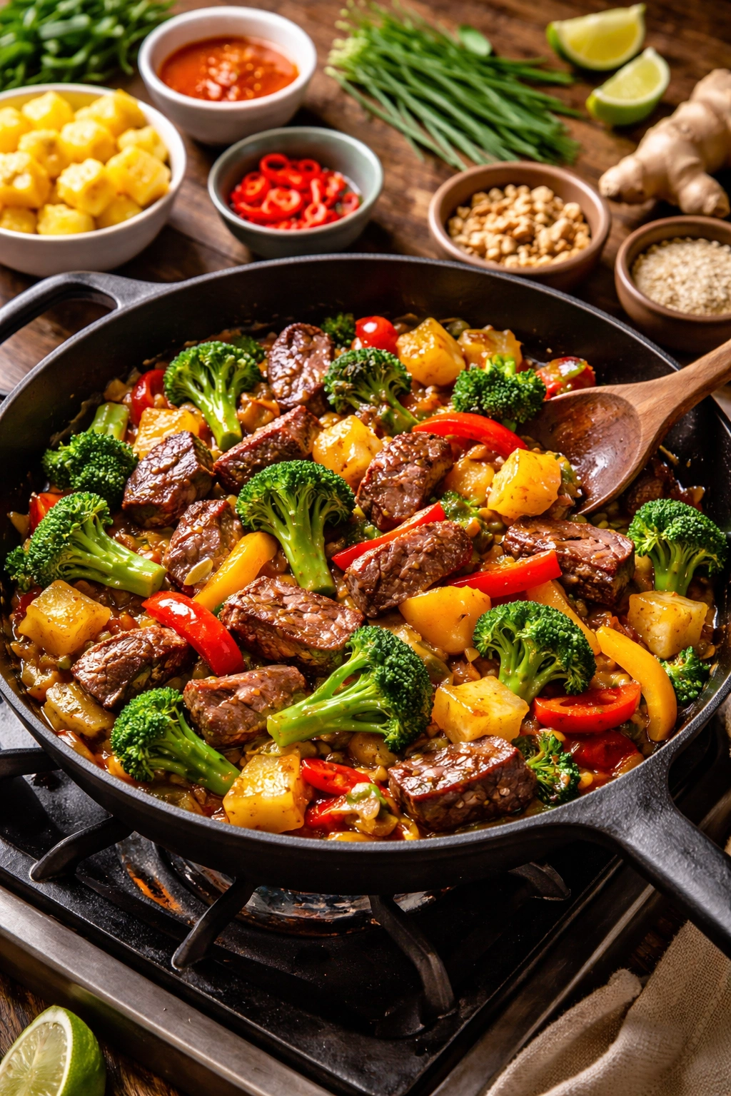 Stir-fry with broccoli, peppers, and pineapple showing flavor variations