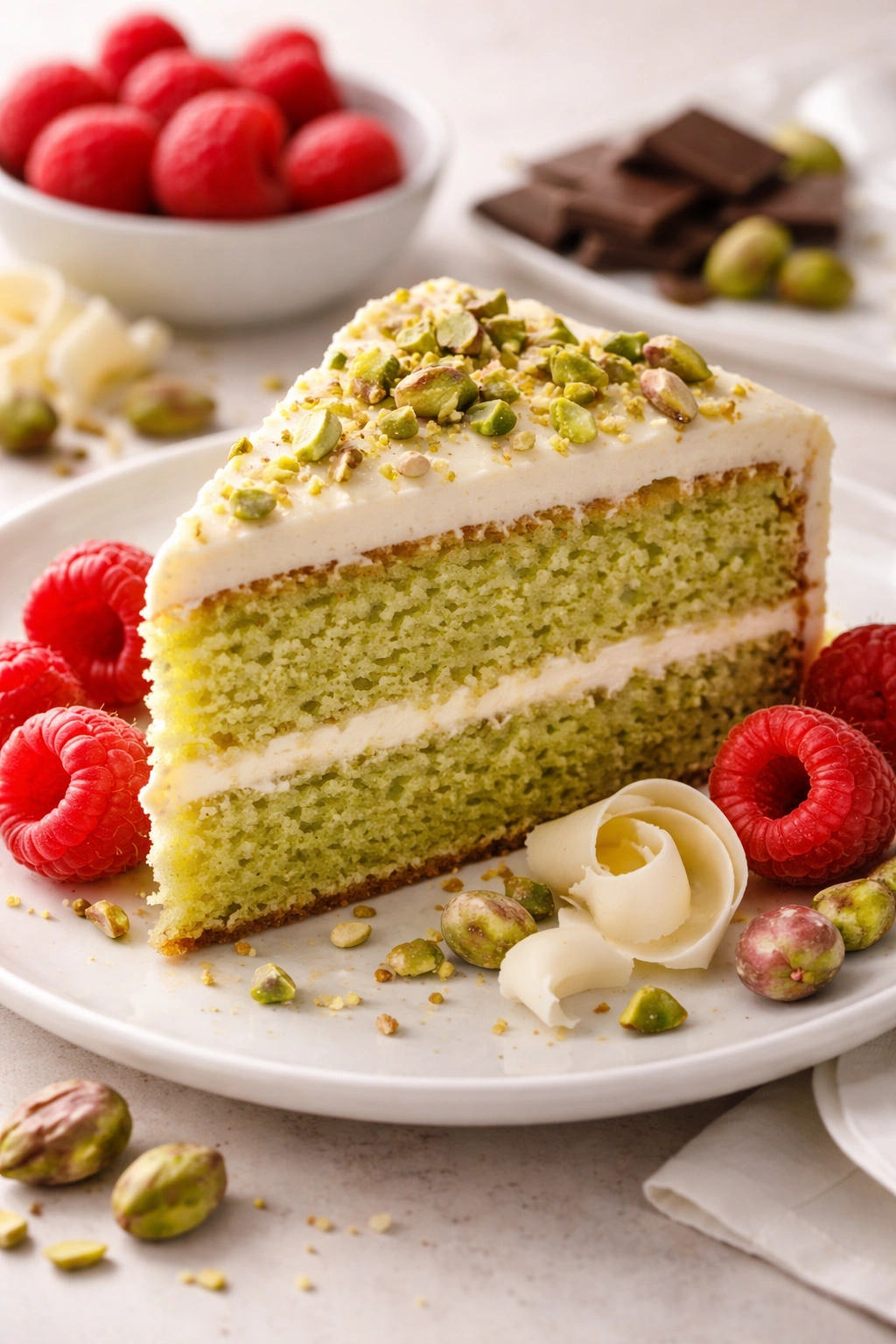Pistachio sponge cake slice with raspberries and white chocolate shavings.