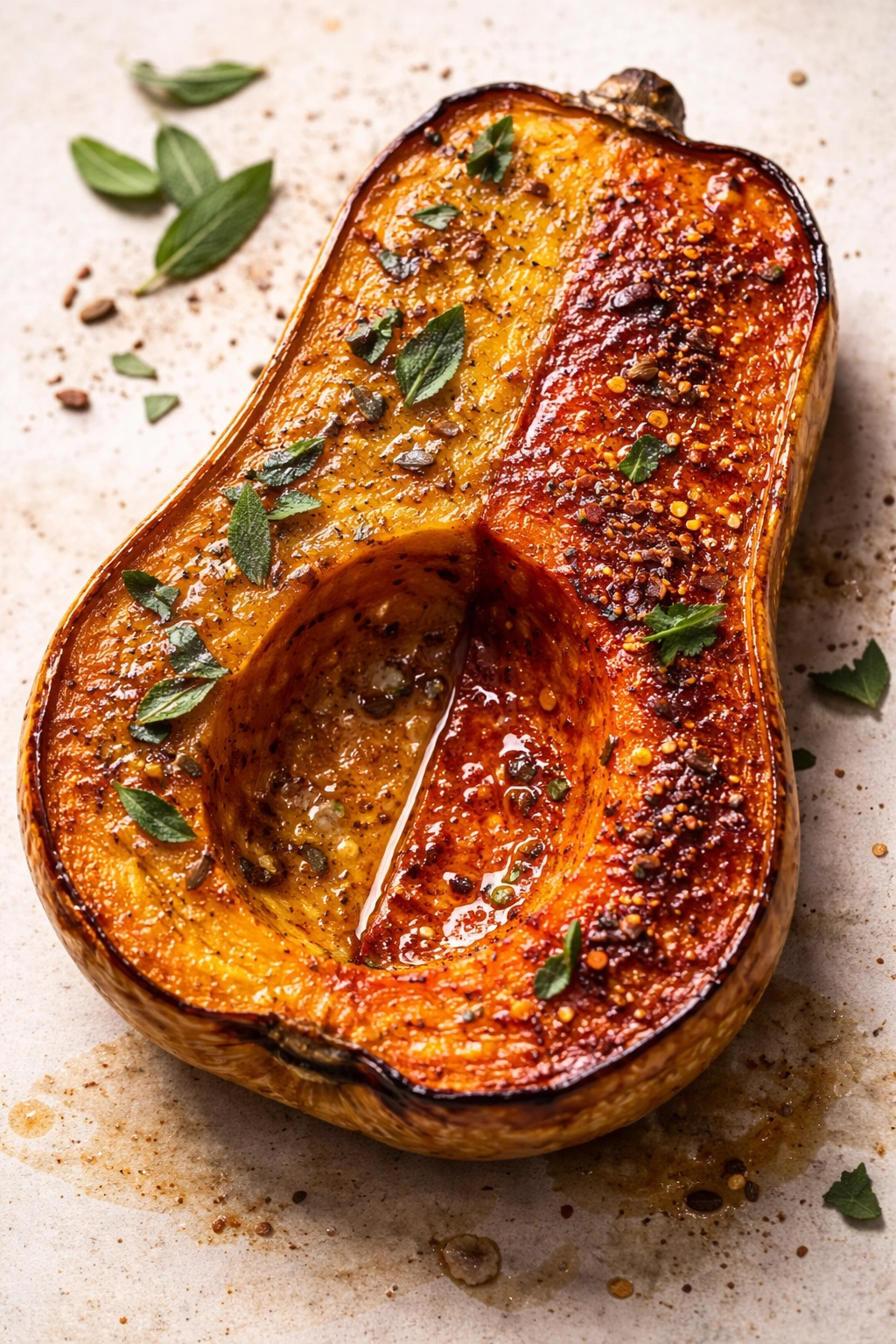 Roasted squash half showing maple-sage and cumin-chili glaze variations.