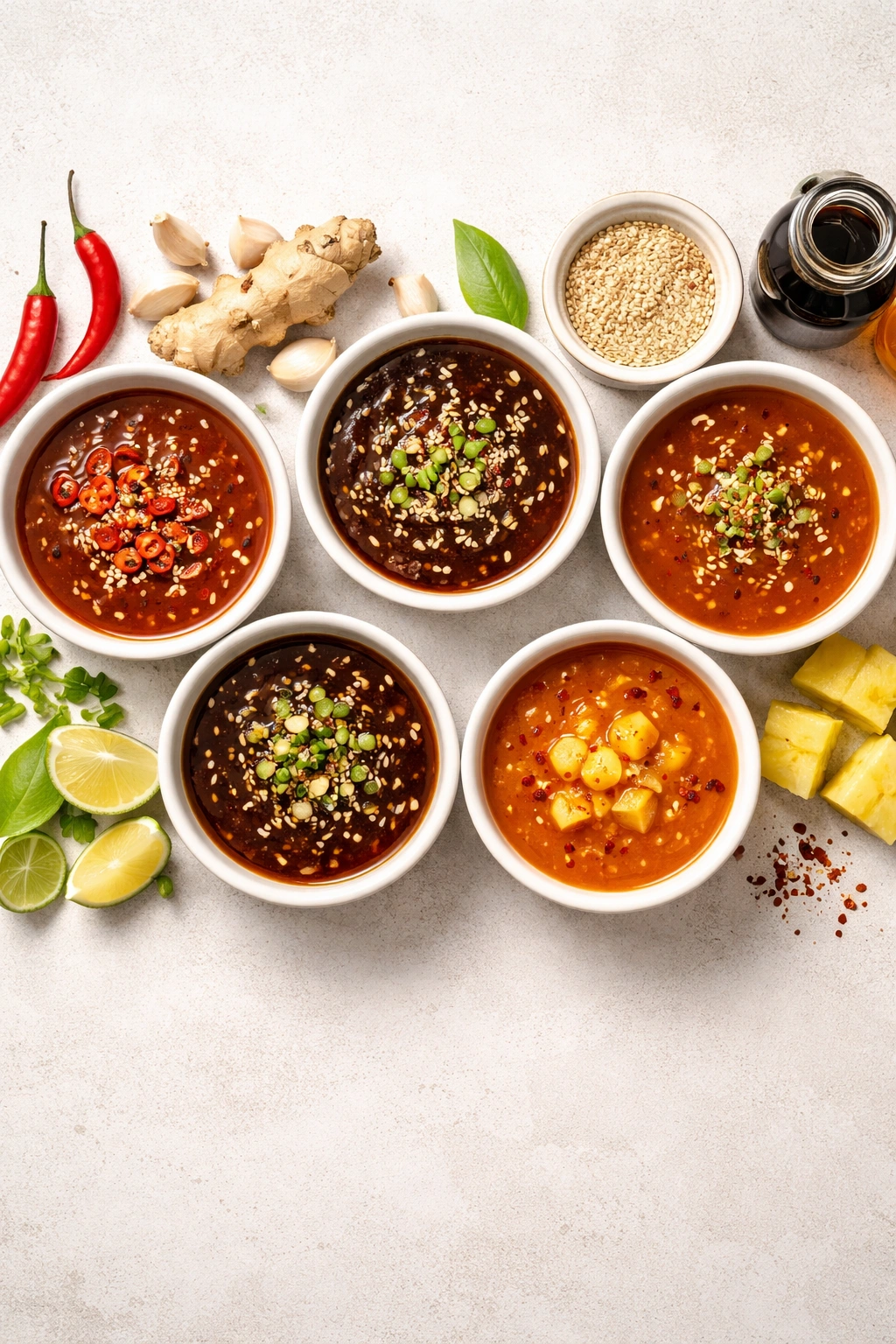 Five small bowls with different sauces representing flavor variations