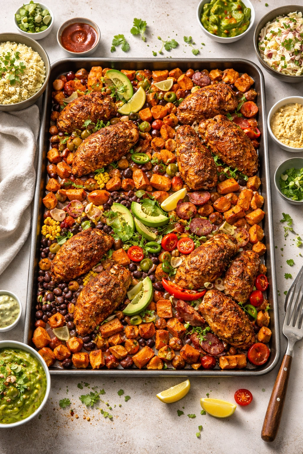 Sheet pan showing three flavor clusters with distinct spice rubs on chicken and potatoes