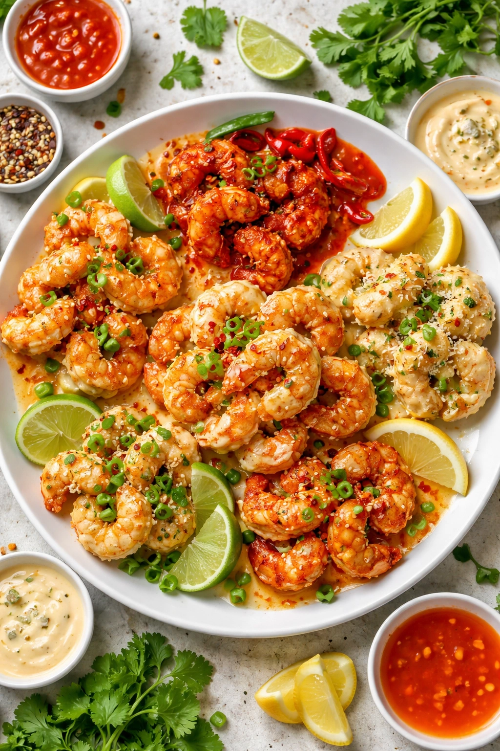 Glossy Bang Bang shrimp with glaze suggesting flavor variations