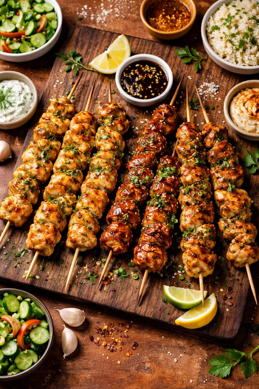 Assorted chicken skewers with varied glazes and herbs on rustic board