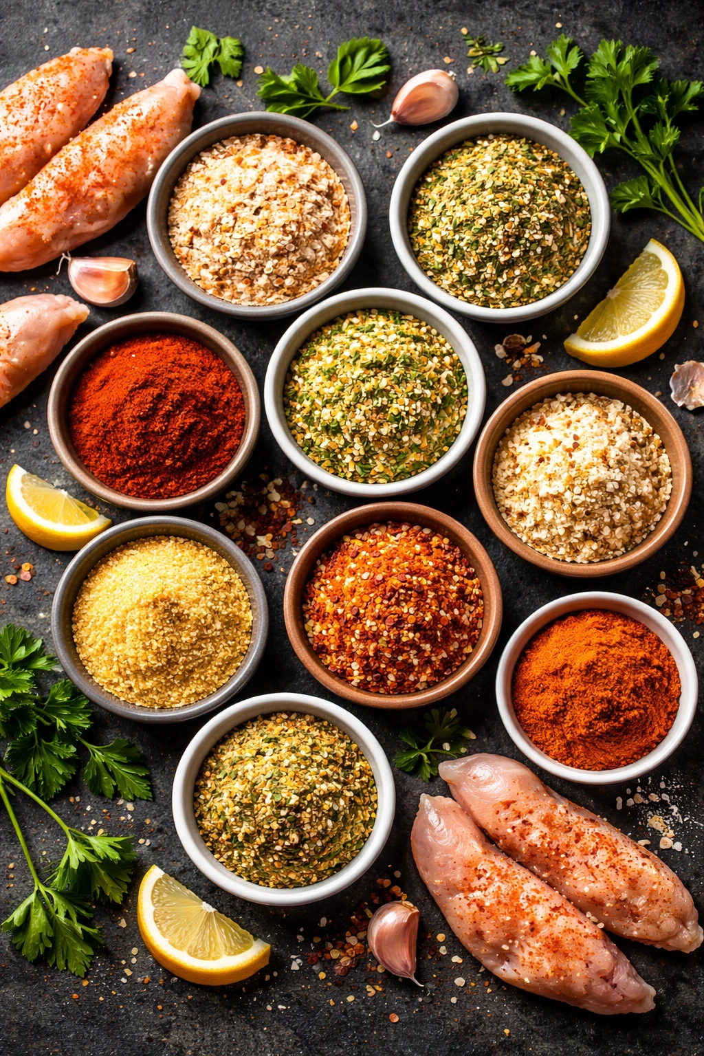 Colorful spice bowls arranged on a dark surface suggesting flavor variations