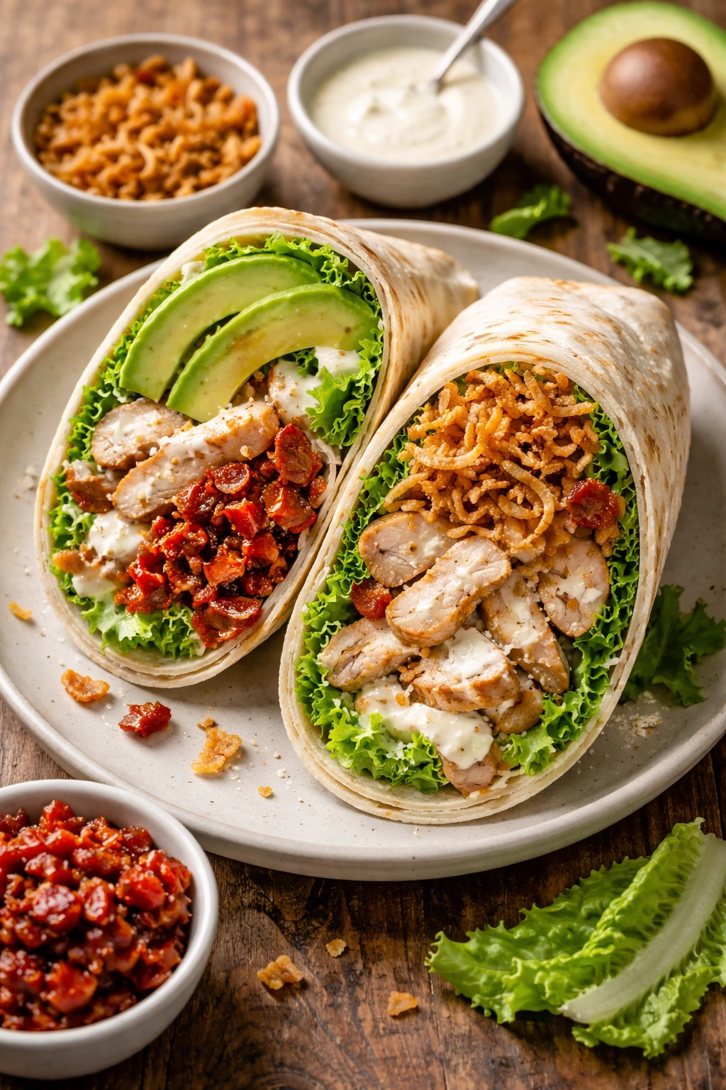 Halved chicken Caesar wrap with avocado, crispy onions, sun-dried tomatoes showing flavor variations