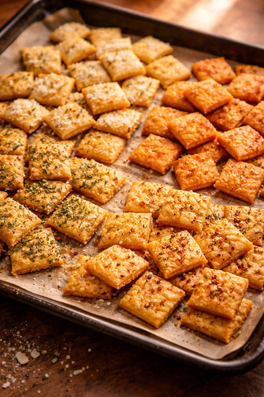 Row of flavored cheese crackers with herbs and spices on parchment.