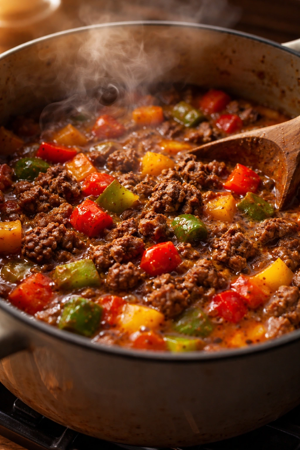 Close-up of browned ground beef and sautéed peppers in a pot