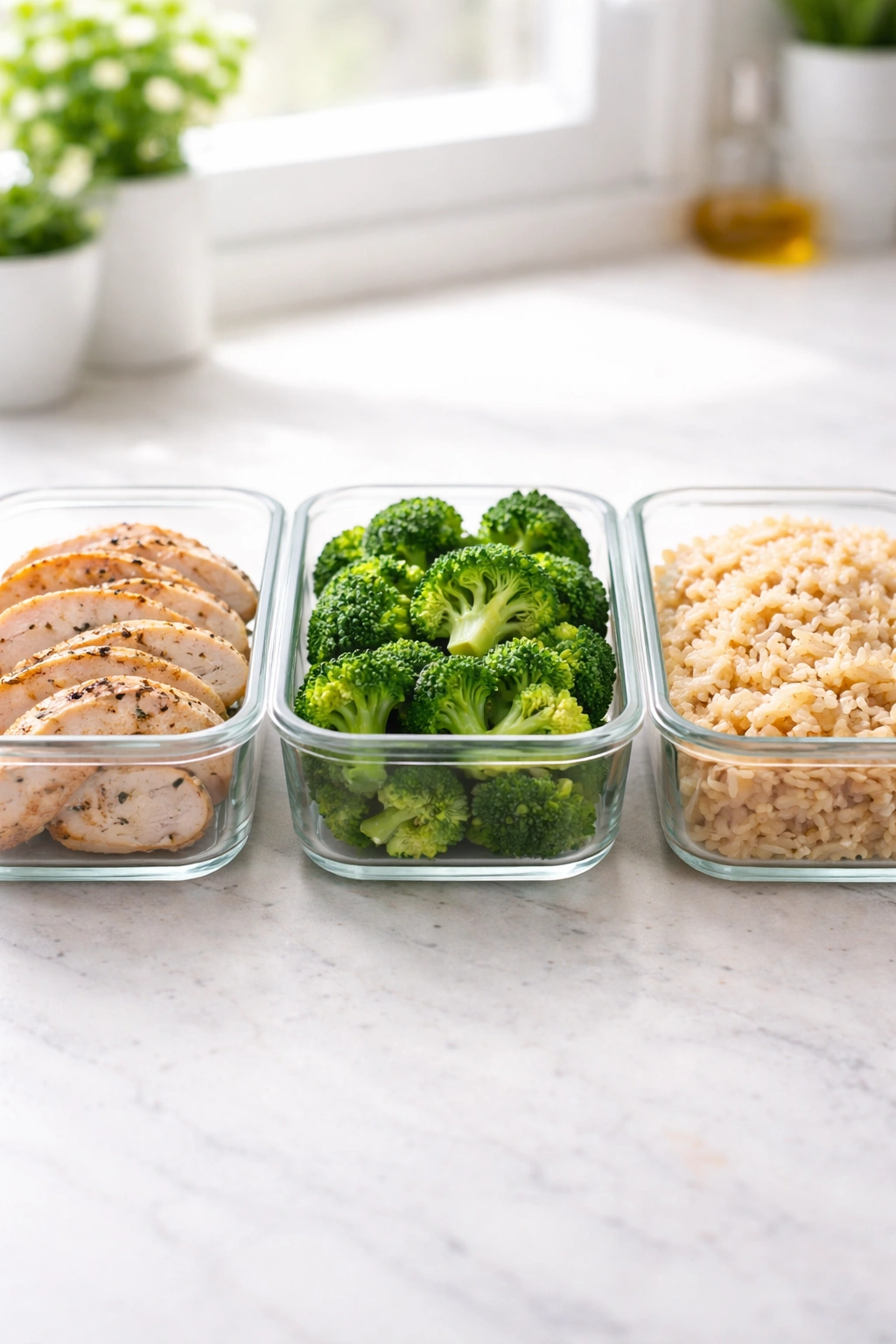 Meal prep containers with separated chicken, broccoli, and rice