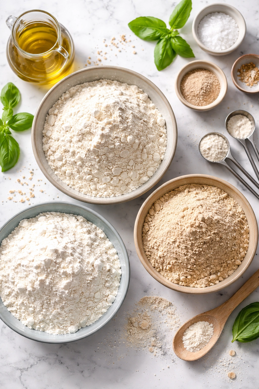 Top-down view of multiple flour varieties for pizza dough