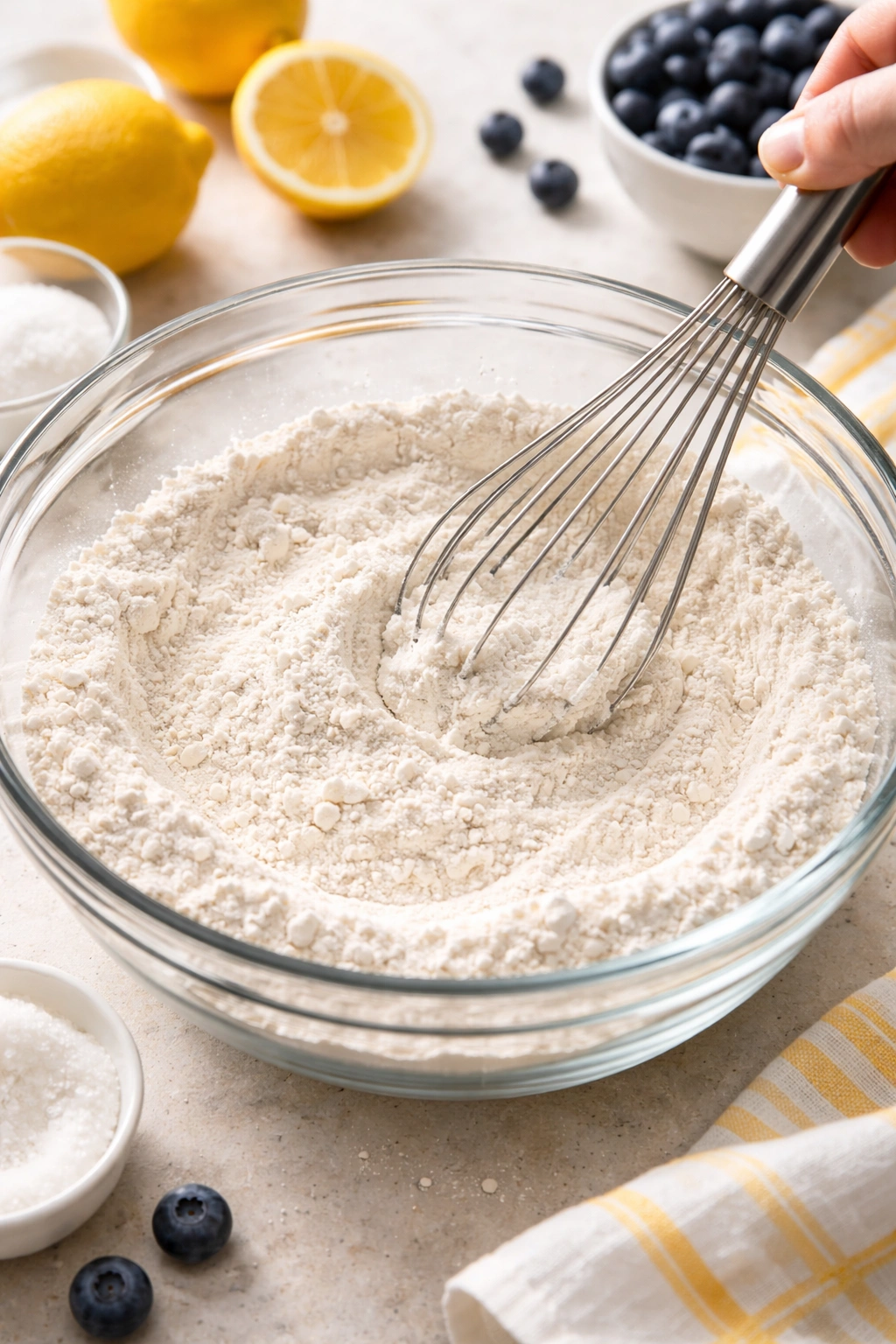 Flour, baking powder, baking soda, and salt in a bowl ready to mix