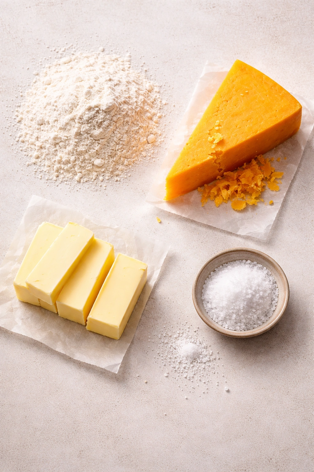 Top-down arrangement of flour, butter, cheddar, and salt for crackers