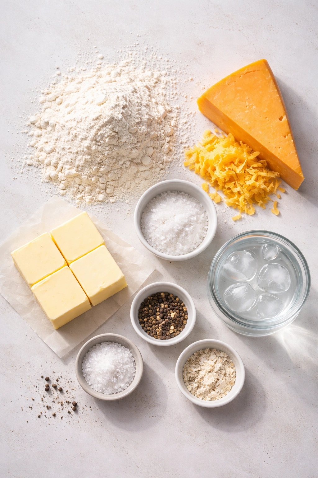 Flat lay of flour, butter, cheddar, and salt for crackers