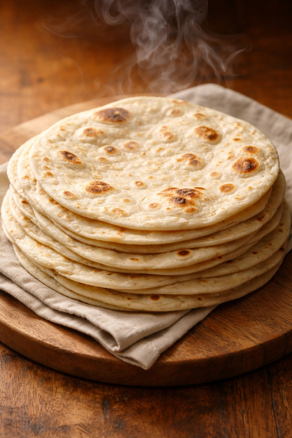 Close-up of a warm stack of flour tortillas on a wooden surface