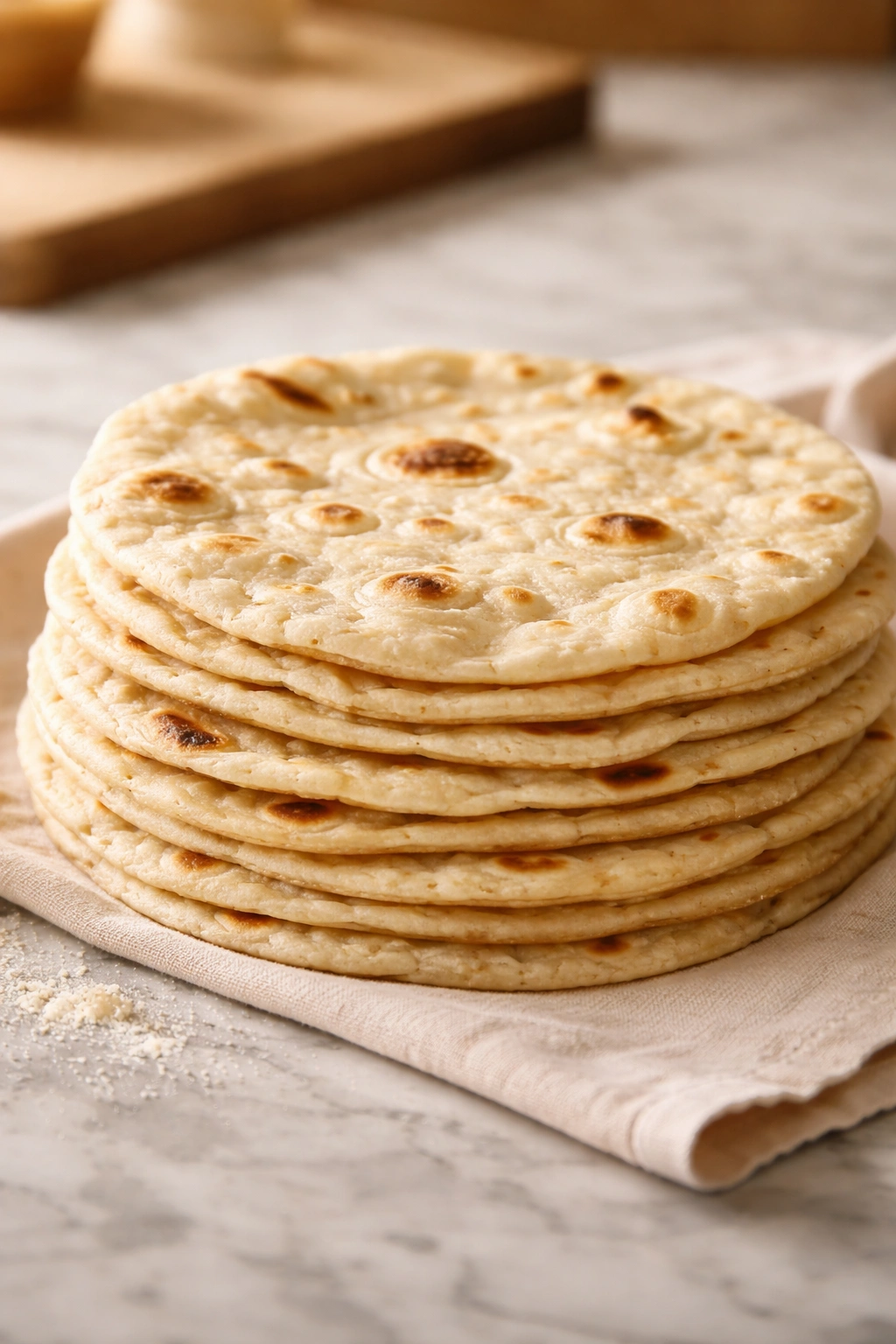 Stack of warm flour tortillas on a clean surface