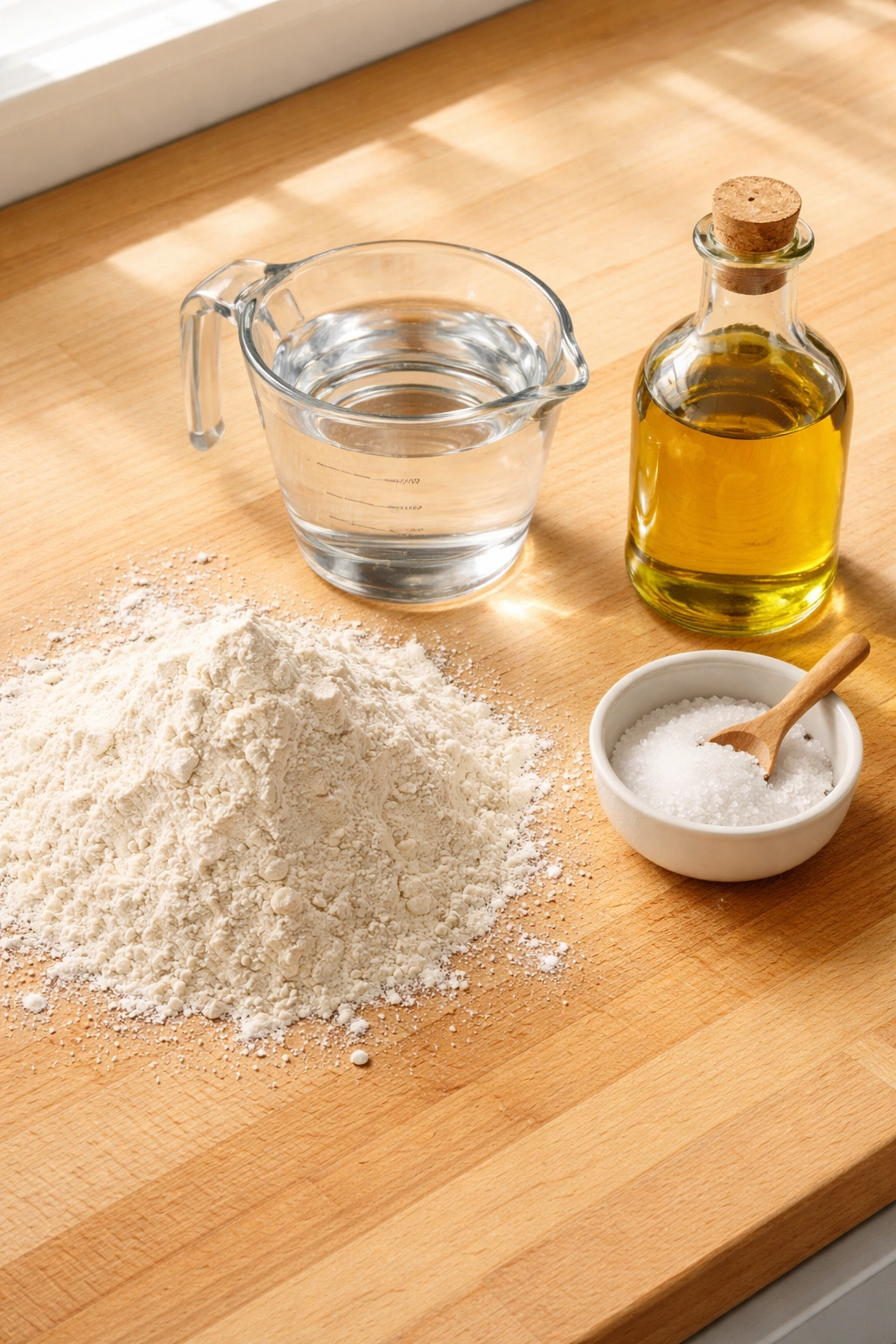 Close-up of flour, water, olive oil, and salt arranged on a wooden surface