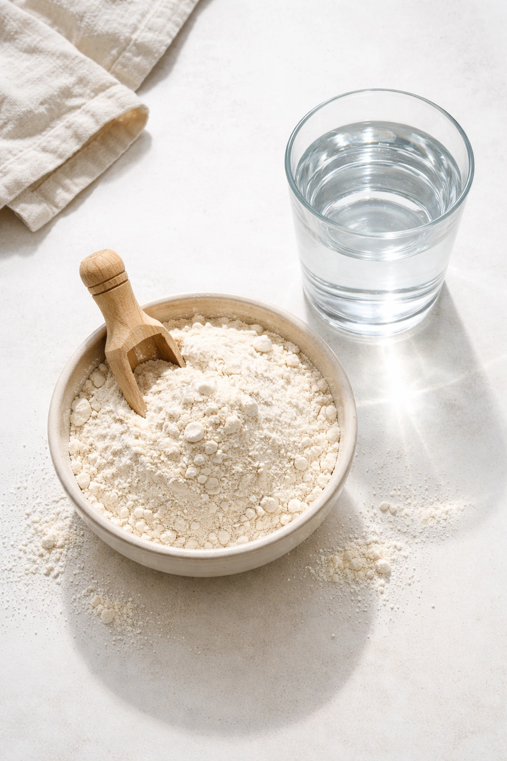 Top-down view of flour and water for sourdough preparation