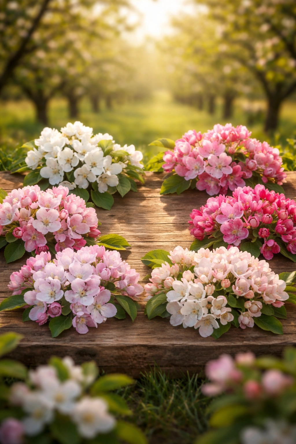 Blossoms with color-coded petals suggesting flowering groups, no text
