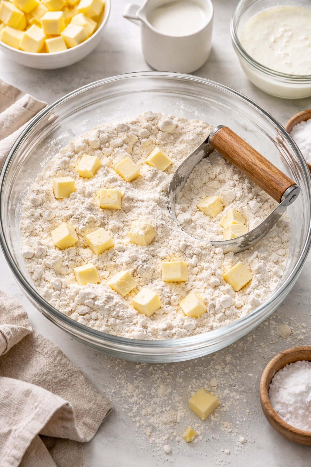 Butter cubes distributed in flour in a mixing bowl for fluffy biscuits