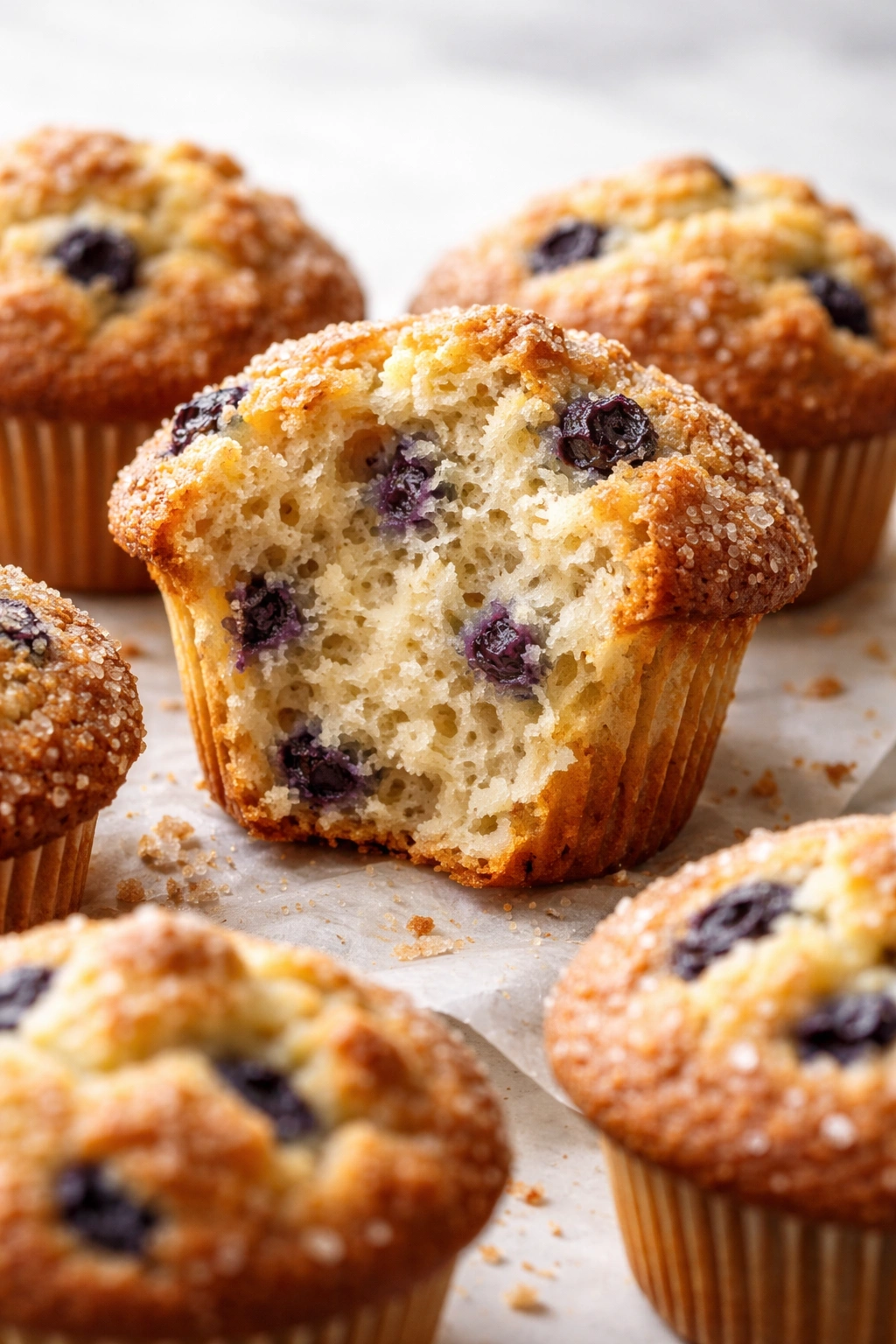 Tall domed muffin with light crumb and golden crust