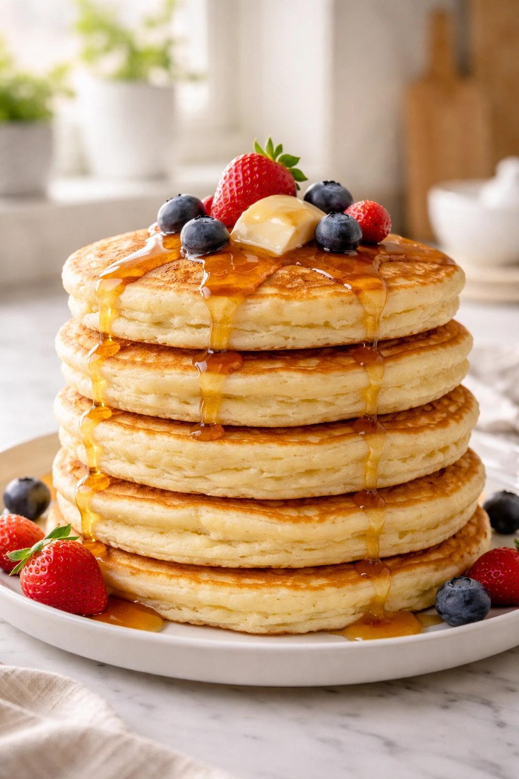 Close-up of fluffy pancakes stacked on a plate, showing airy texture