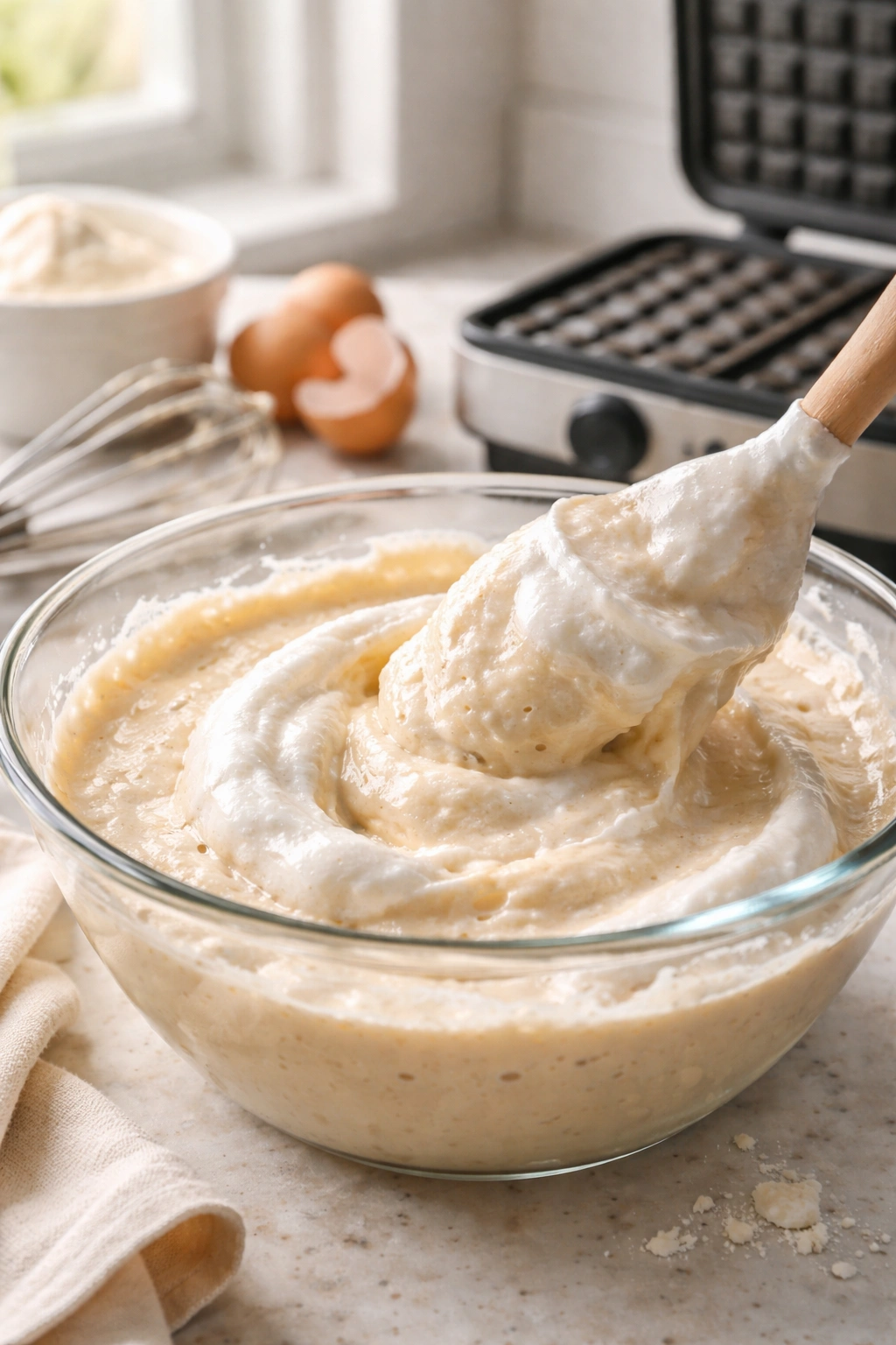 Bowl of batter with whipped egg whites and whisk for fluffy waffles