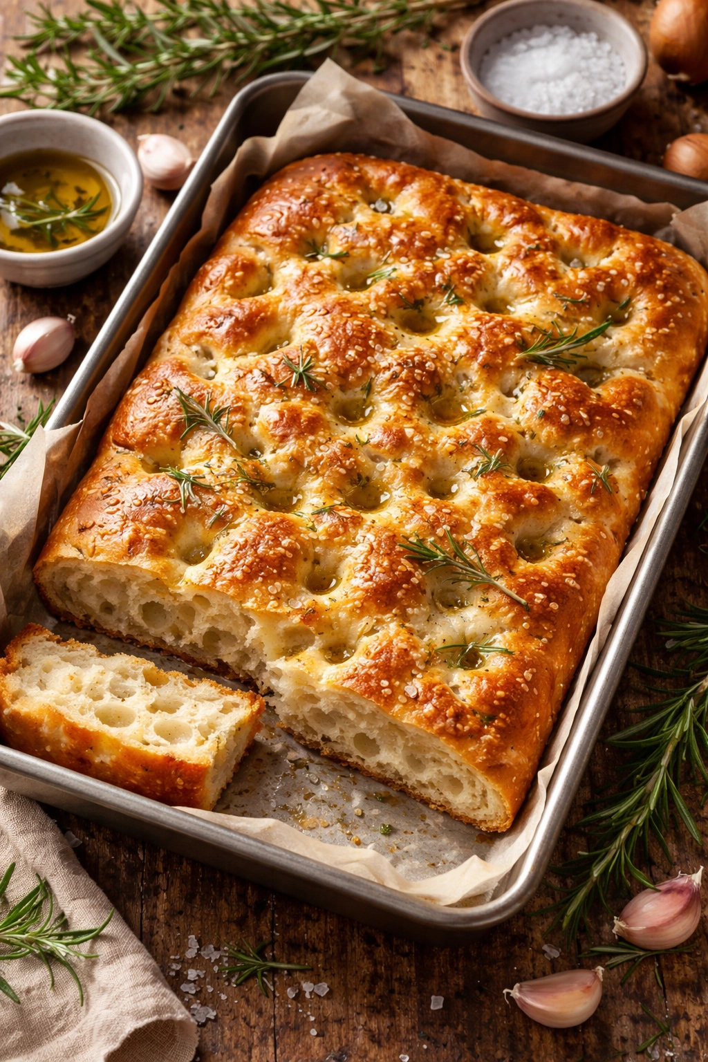 Fresh focaccia with open crumb and oil pockets on parchment