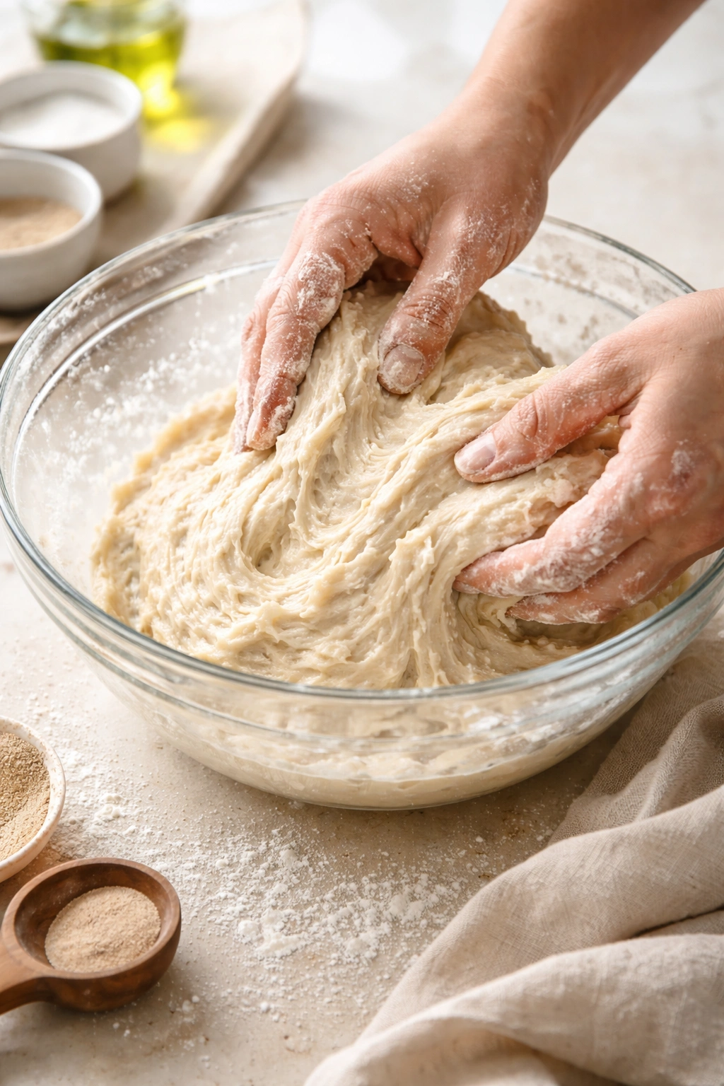 Shaggy focaccia dough in a glass bowl being folded, flour dust on surface