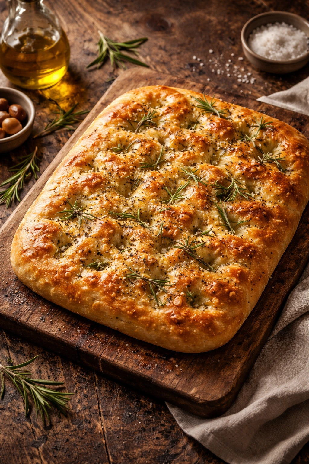 Golden rosemary focaccia on wood board, olive oil shine