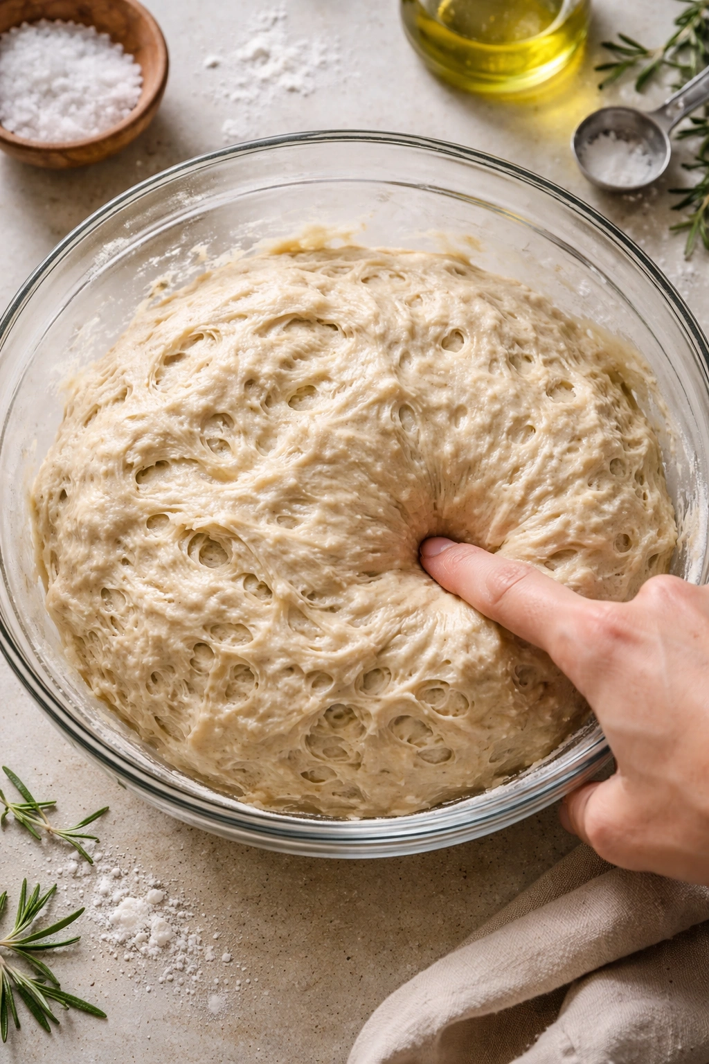 Dough in a bowl showing indentation from finger poke